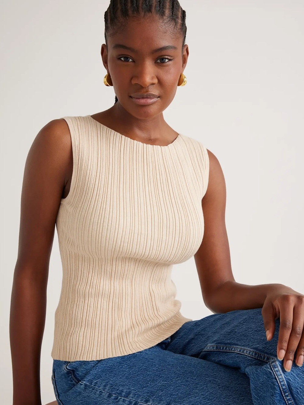 QUINCE Cotton Cashmere Ribbed Tank / Heather Oatmeal / Large